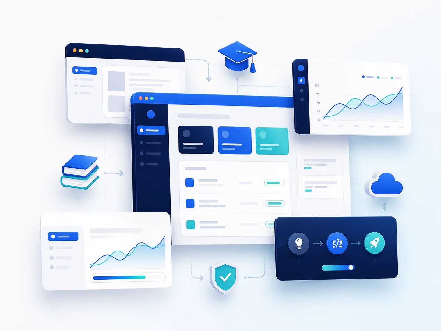 Écosystème numérique illustrant la conception d’applications web, de plateformes SaaS et de solutions éducatives