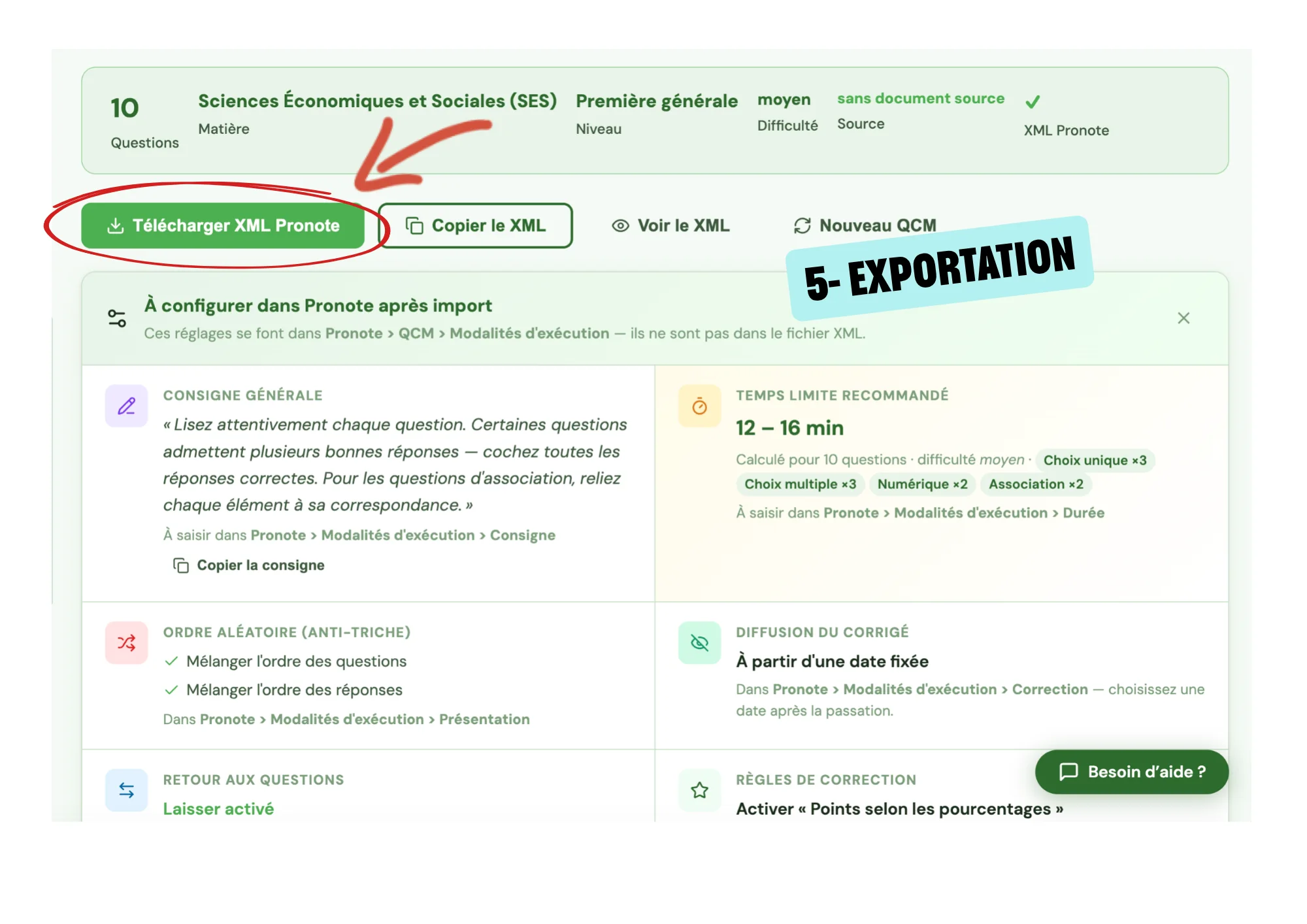 Écran d'export d'un QCM validé dans un format compatible avec Pronote.